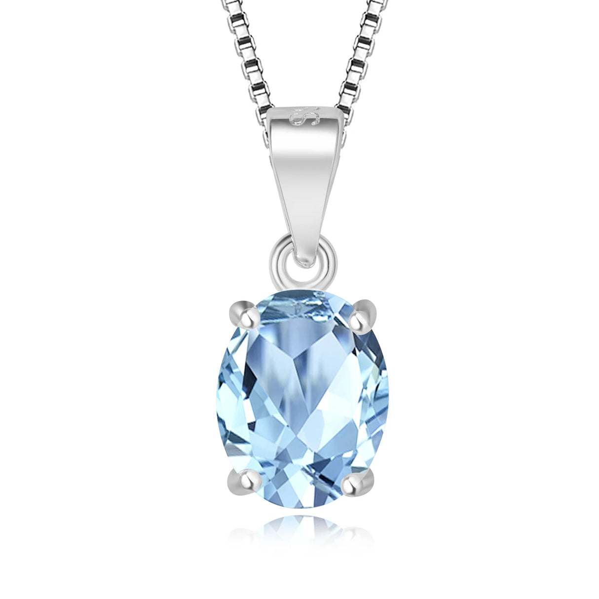 Silver necklace with a blue gemstone pendant on a white background