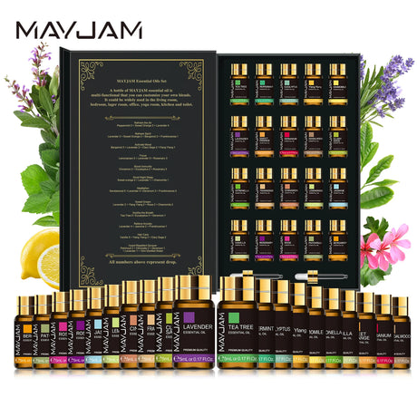 Mayjam essential oils set with a black packaging box featuring product images and names.