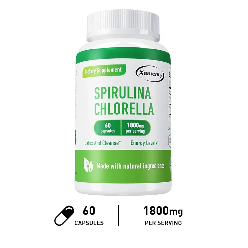 Supplement bottle labeled 'Spirulina Chlorella' with green and white design on a white background