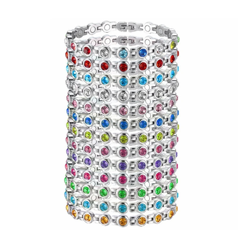 Silver bracelet with multicolored gemstones on a white background