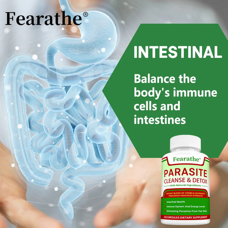 Supplement bottle labeled 'Parasite Cleanse & Detox' with an illustration of intestines and text about immune cells and intestines balance.