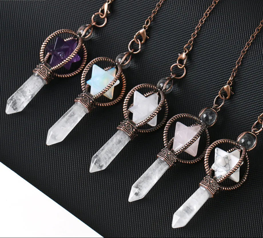 Necklace with crystal pendants on a black background