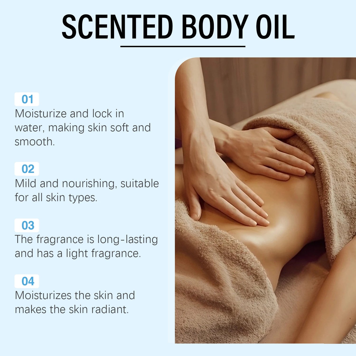 Person receiving a massage with a towel draped over them, promoting scented body oil.