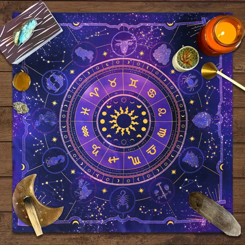 Astrological chart with zodiac symbols on a wooden surface with candles and crystals.