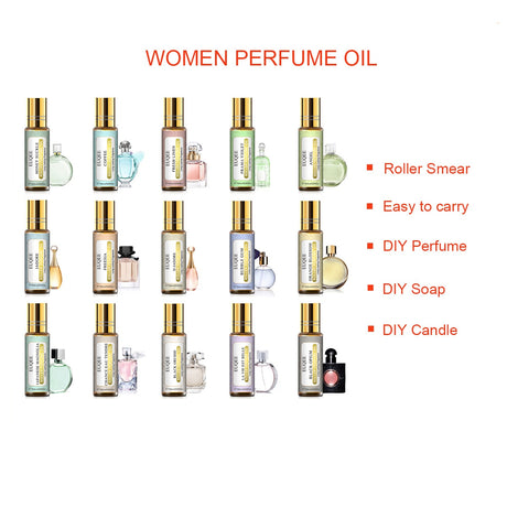 Collection of women's perfume oils with promotional text on a white background