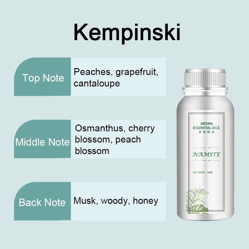 Kempinski essential oil bottle with notes on a light blue background