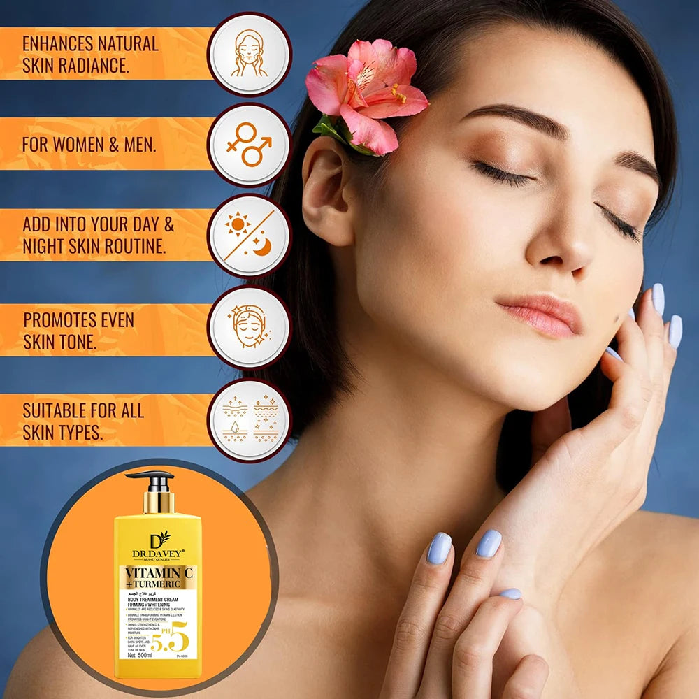 Woman with a flower in her hair and a bottle of vitamin C serum with product features listed.