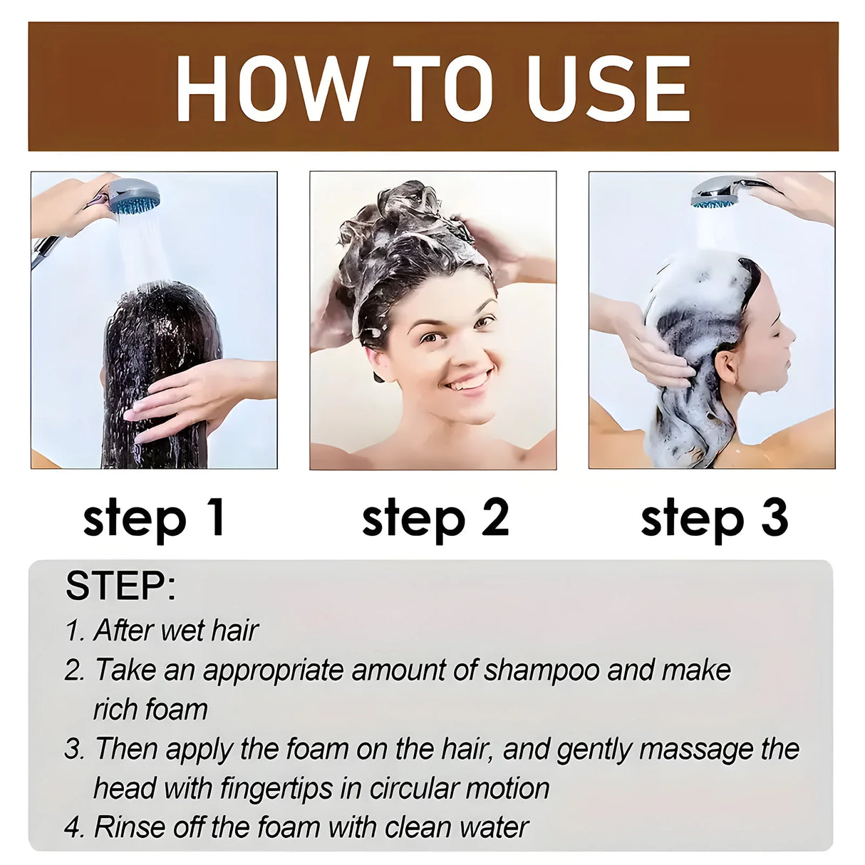 Step-by-step guide on how to use shampoo with visual instructions and text.