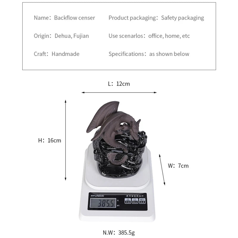 Black dragon sculpture on a digital scale with dimensions and weight displayed.