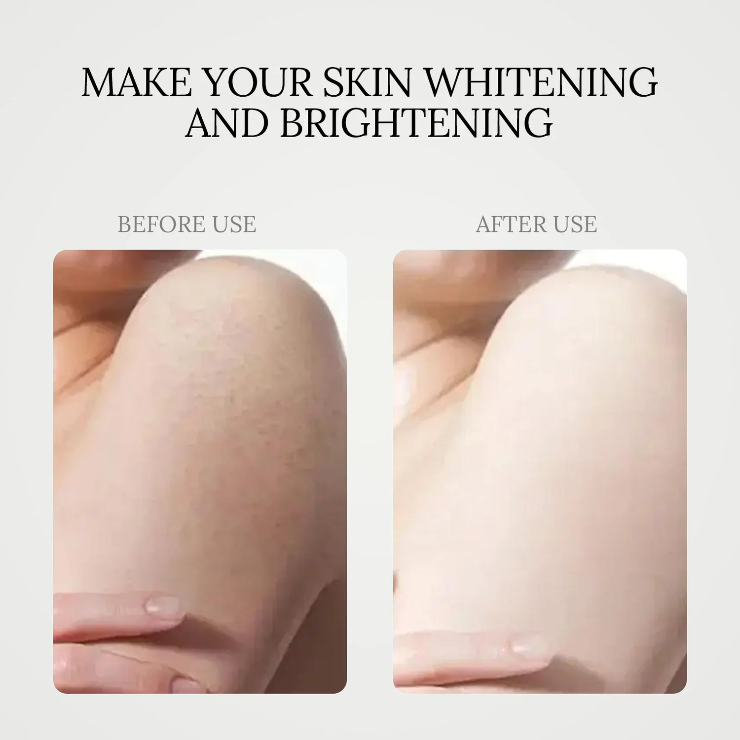 Before and after comparison of skin whitening and brightening effect on a person's leg.