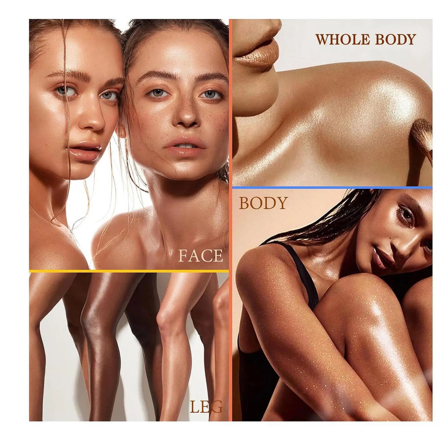 Collage of a woman's face, body, and legs with close-up shots.
