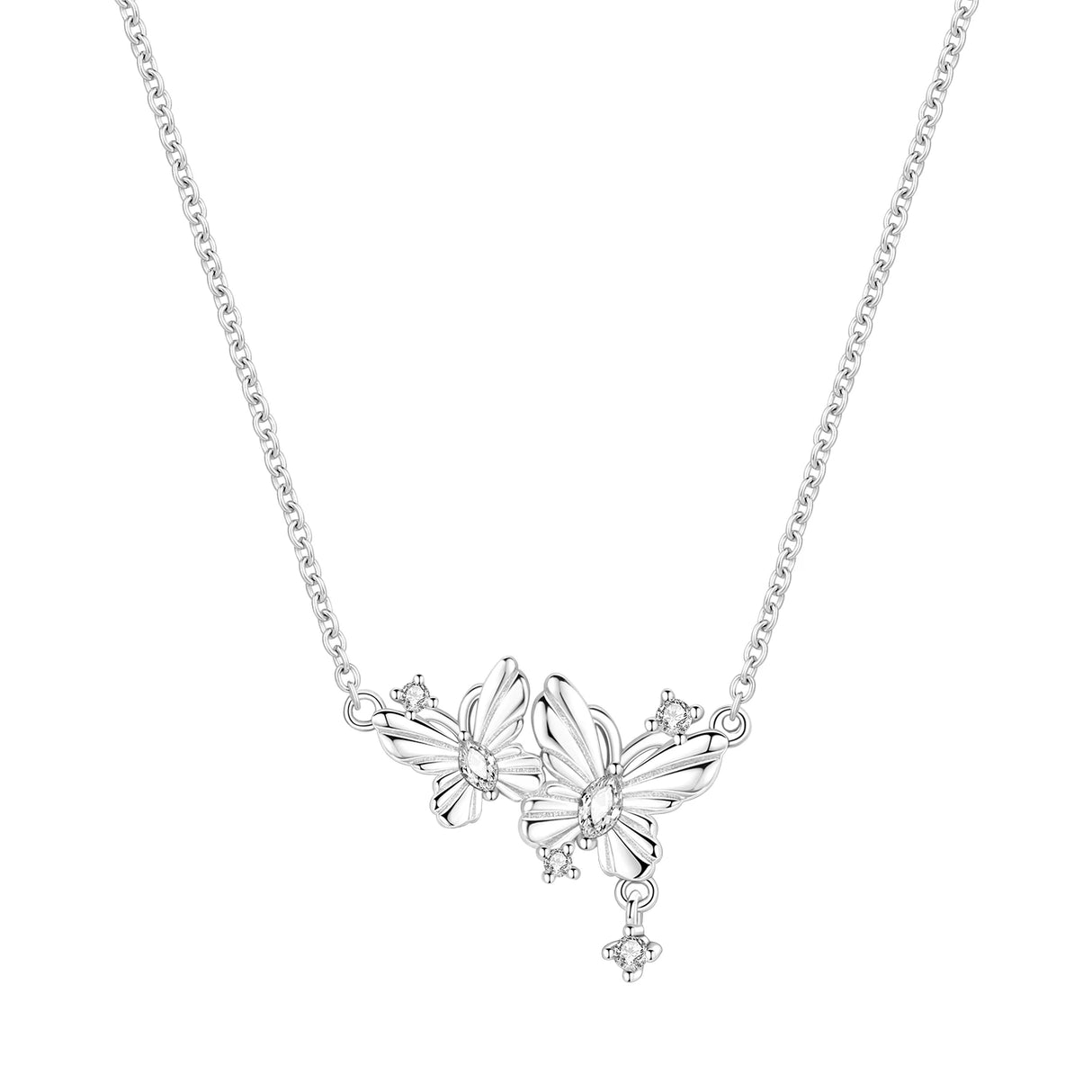 Butterfly-shaped necklace with small diamonds on a white background