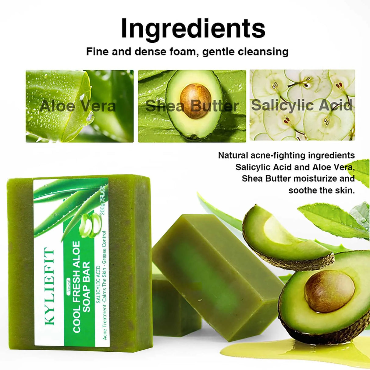 Kyliefit Cool Fresh Aloe soap bar with aloe vera, shea butter, and salicylic acid ingredients displayed.