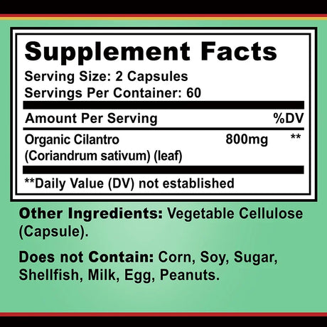 Supplement facts label with organic cilantro content on a green background
