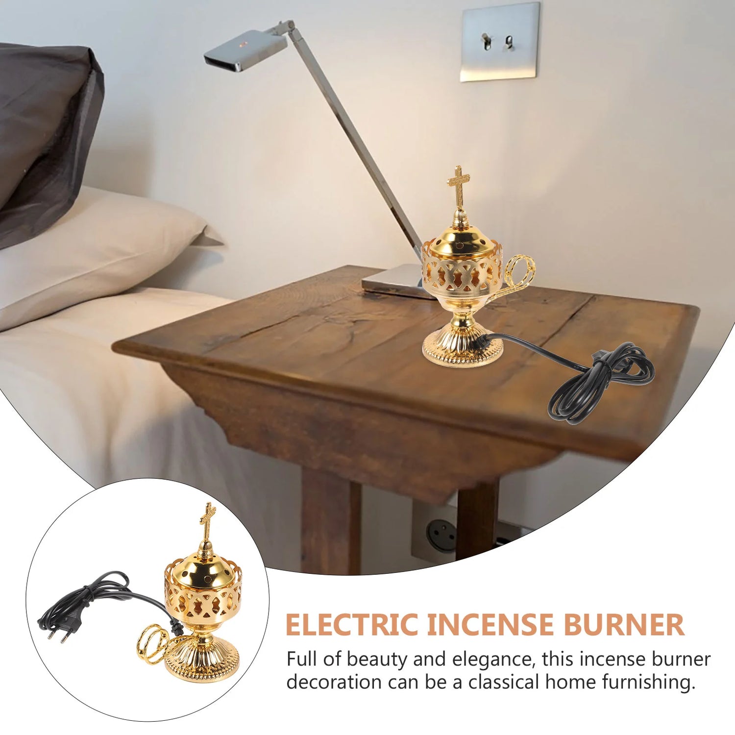 Electric incense burner on a wooden table next to a lamp and pillows, with an inset showing the product.