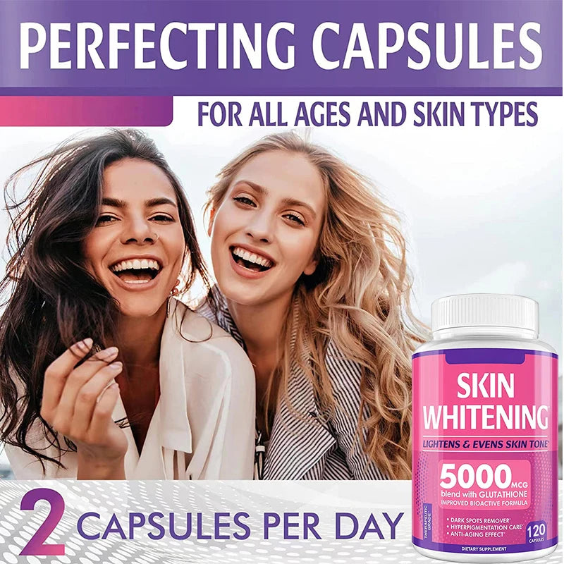 Two women smiling with a bottle of skin whitening capsules on a light background