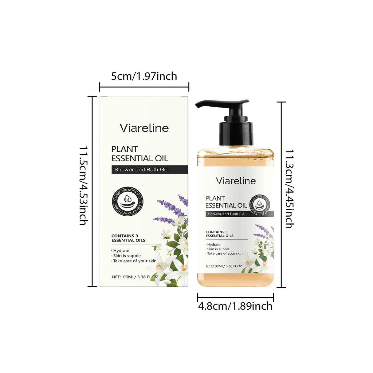 Viareline plant essential oil shower and bath gel with measurements on a white background