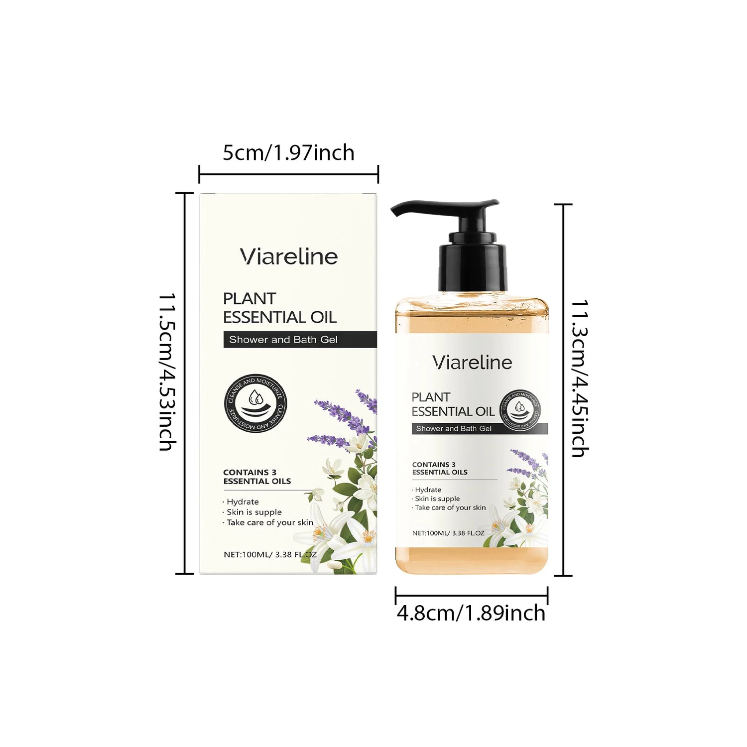 Viareline plant essential oil shower and bath gel with measurements on a white background