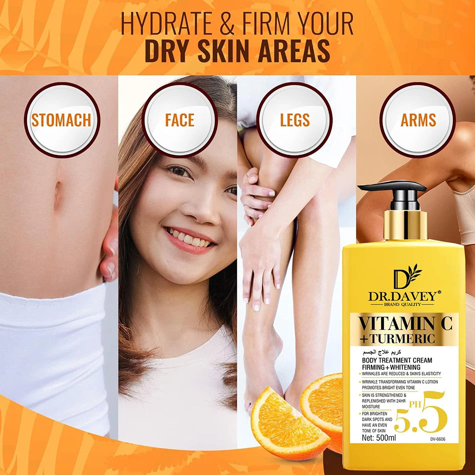 Advertisement for Dr. Davey Vitamin C + Turmeric body treatment cream with product and application areas on skin.