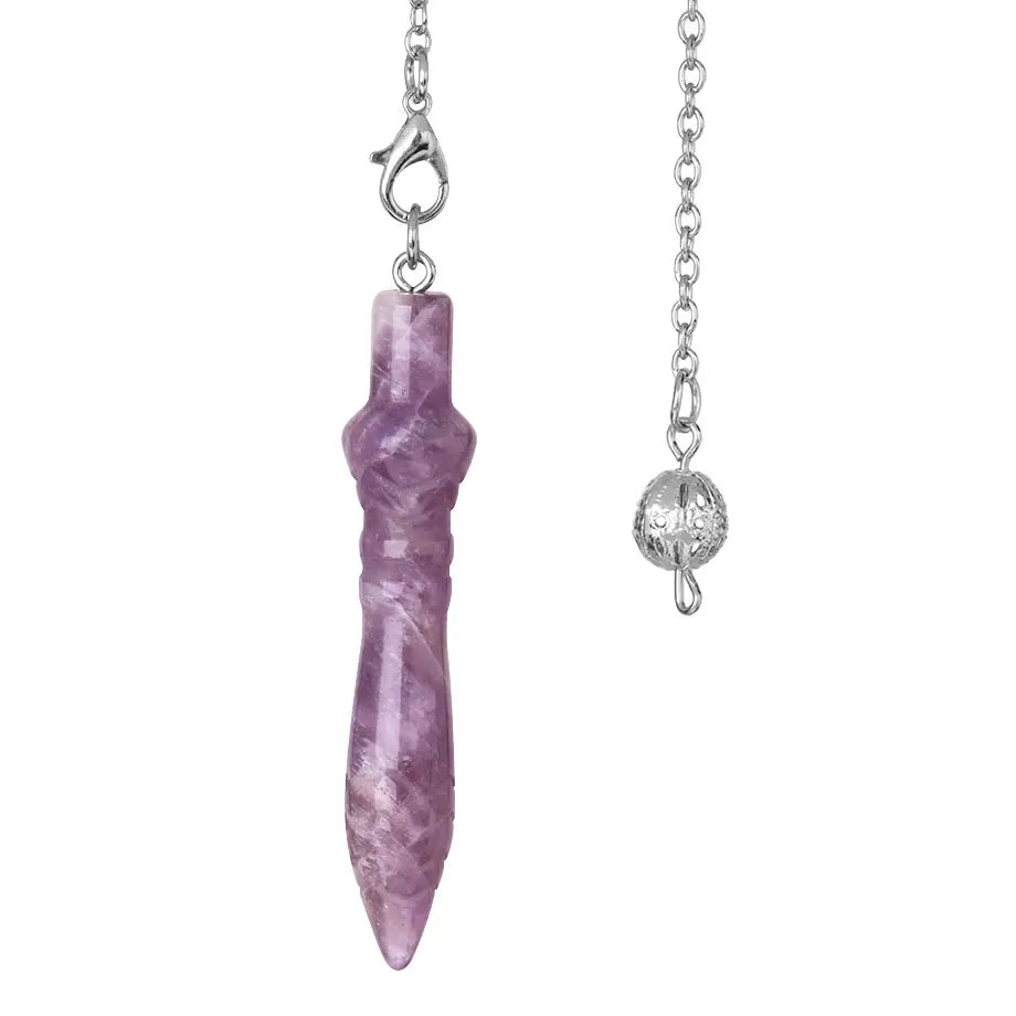 Necklace with a pink crystal pendant and silver chain on a white background