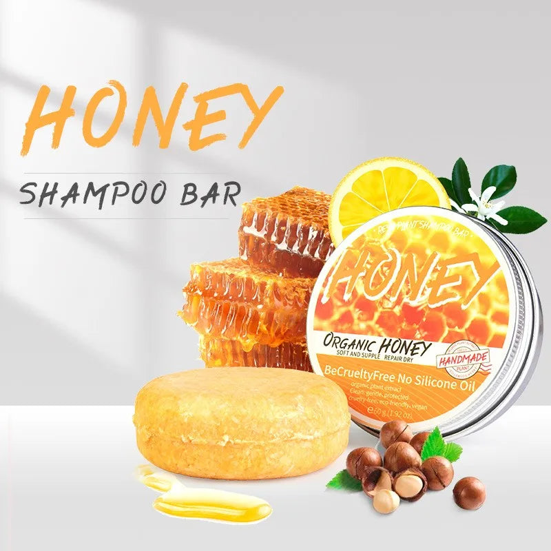 Honey shampoo bar with packaging on a white background