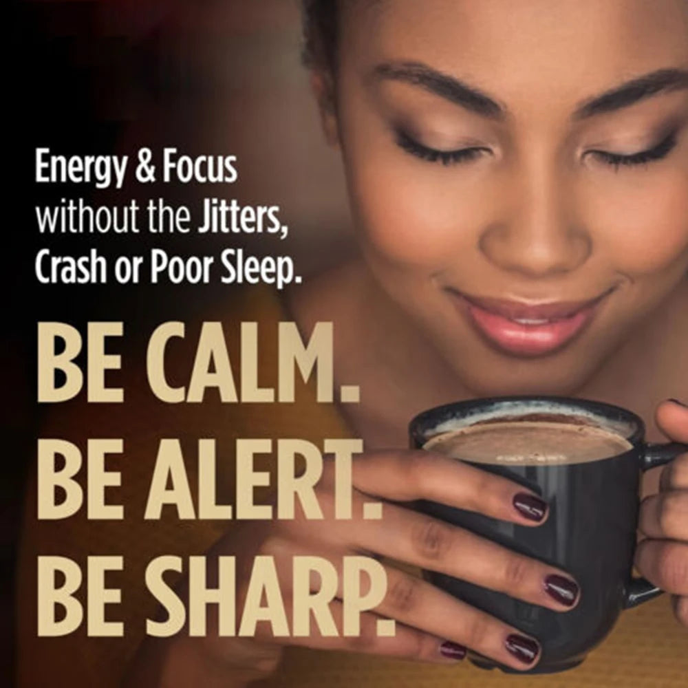 Woman holding a coffee mug with motivational text about energy and focus.
