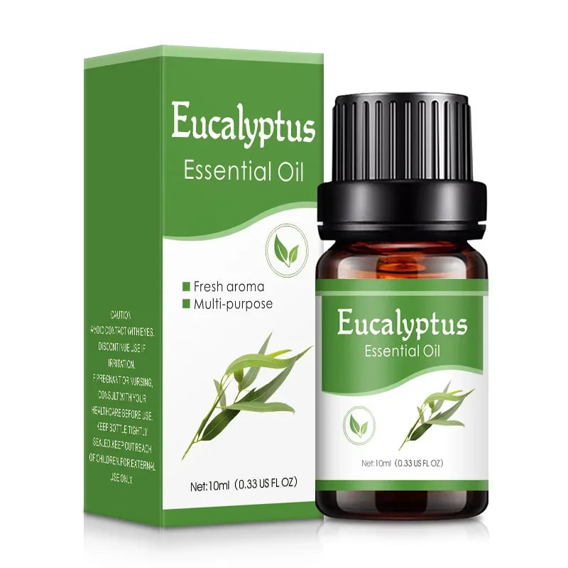 Eucalyptus essential oil bottle and packaging on a white background