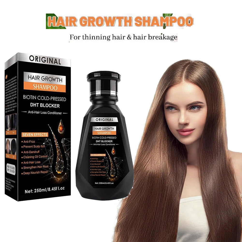 Hair growth shampoo packaging with a model displaying long hair on a white background