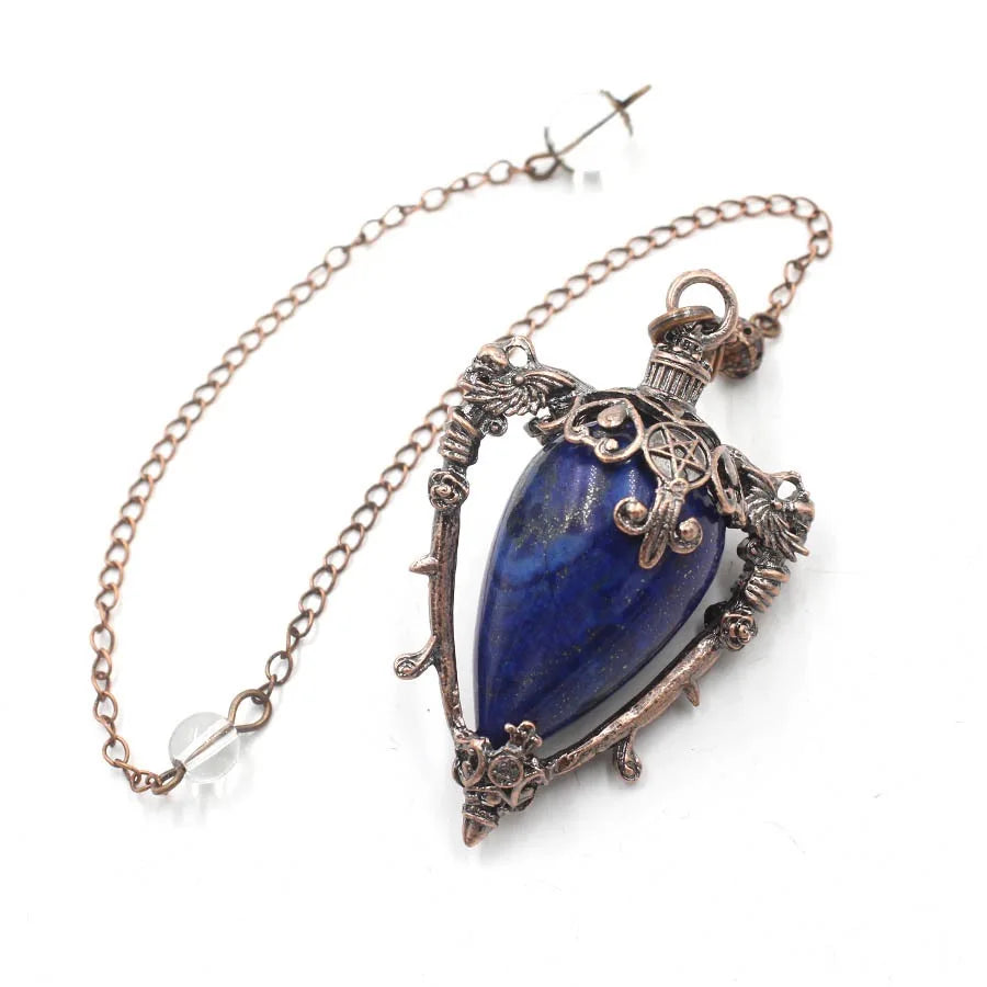 Necklace with a blue stone pendant on a white background
