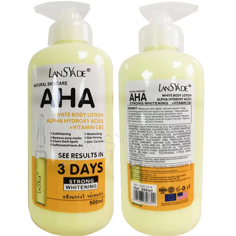 Two bottles of Lansyade AHA white body lotion on a white background
