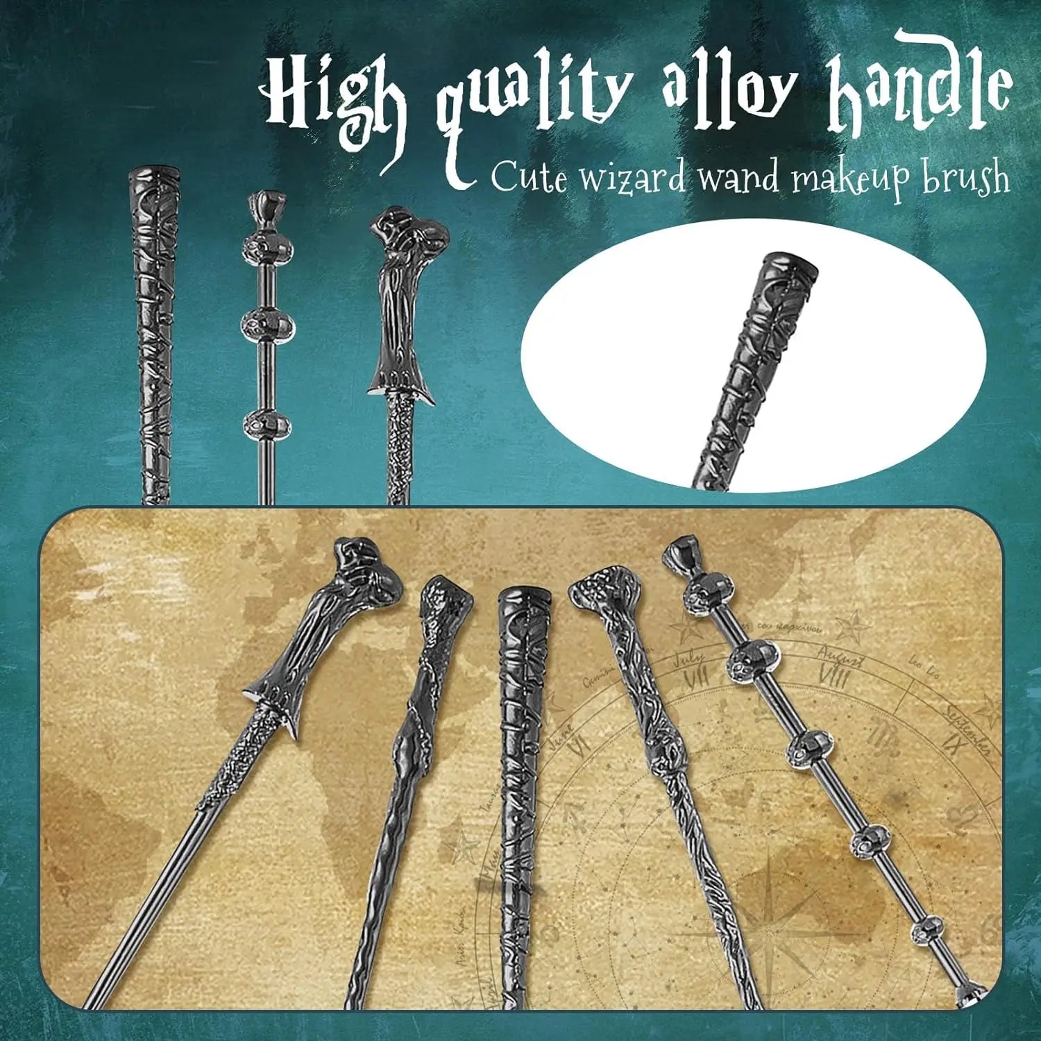 High quality alloy handle cute wizard wand makeup brush set on a textured background