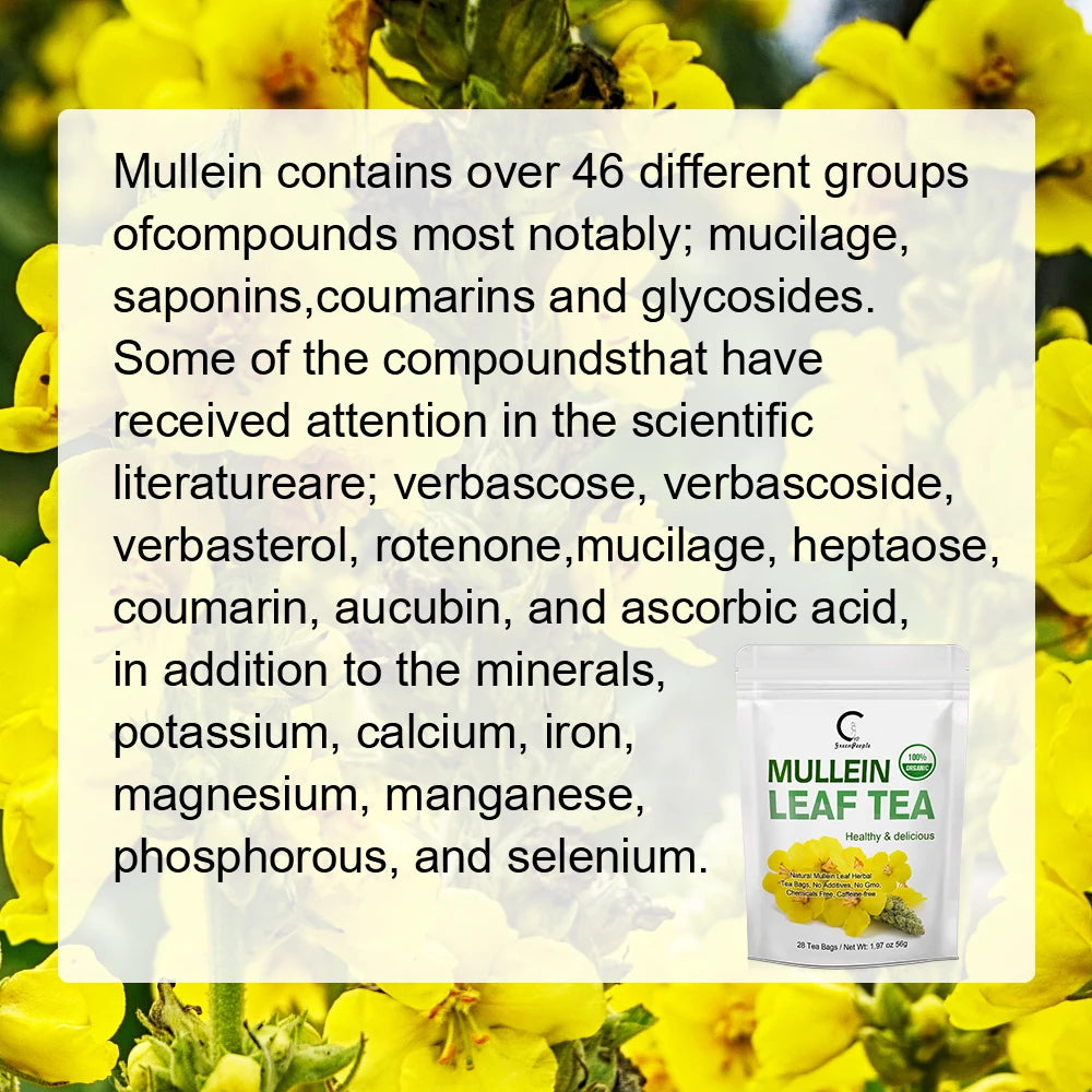 Mullein leaf tea package with text about mullein's compounds and health benefits on a yellow flower background.