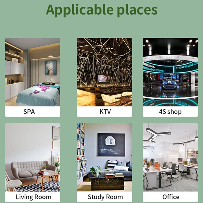 Collage of different indoor settings with labels for SPA, KTV, 4S shop, Living Room, Study Room, and Office.