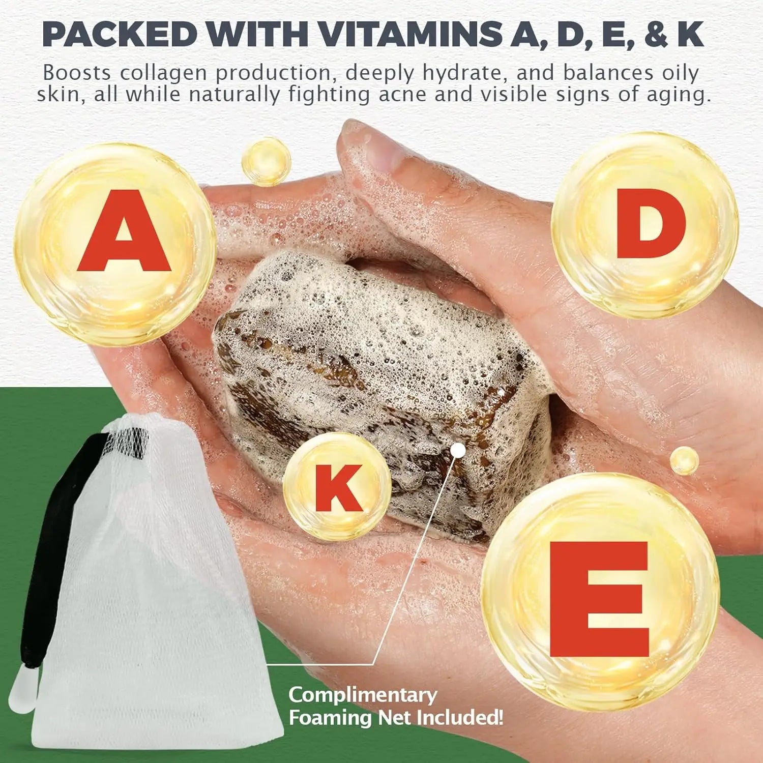Hand holding a scrub with vitamins A, D, E, and K displayed around it.