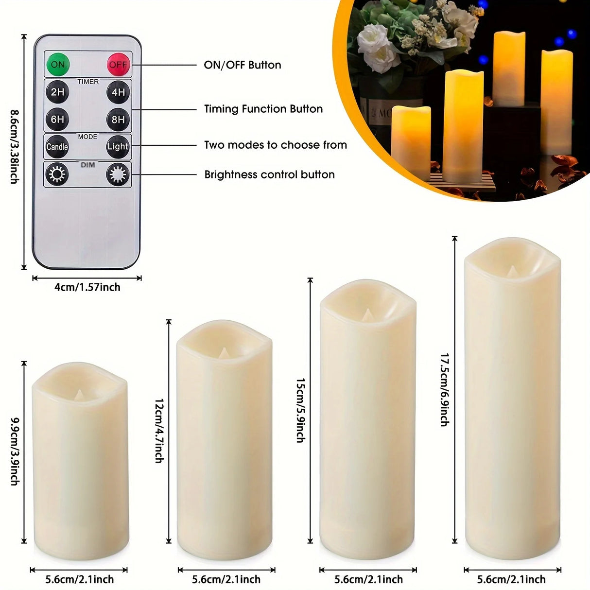 Set of LED candles with remote control and dimensions displayed.