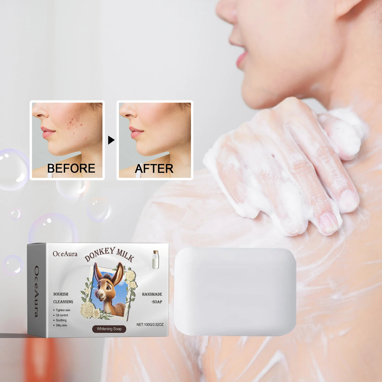 Donkey milk soap with 'before' and 'after' skin comparison on a white background