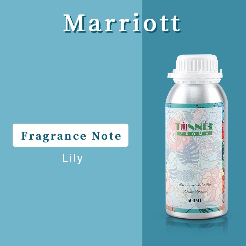 Bottle of Tunnés Aroma essential oil with Marriott branding on a blue background