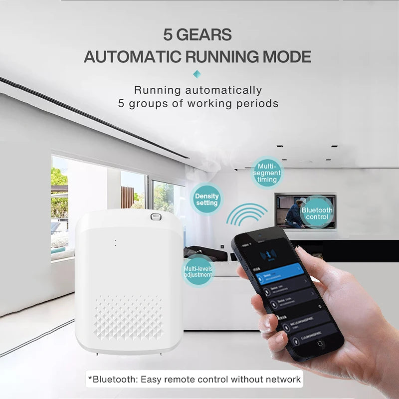 Smart home device with remote control app on smartphone, showing automatic running mode features.