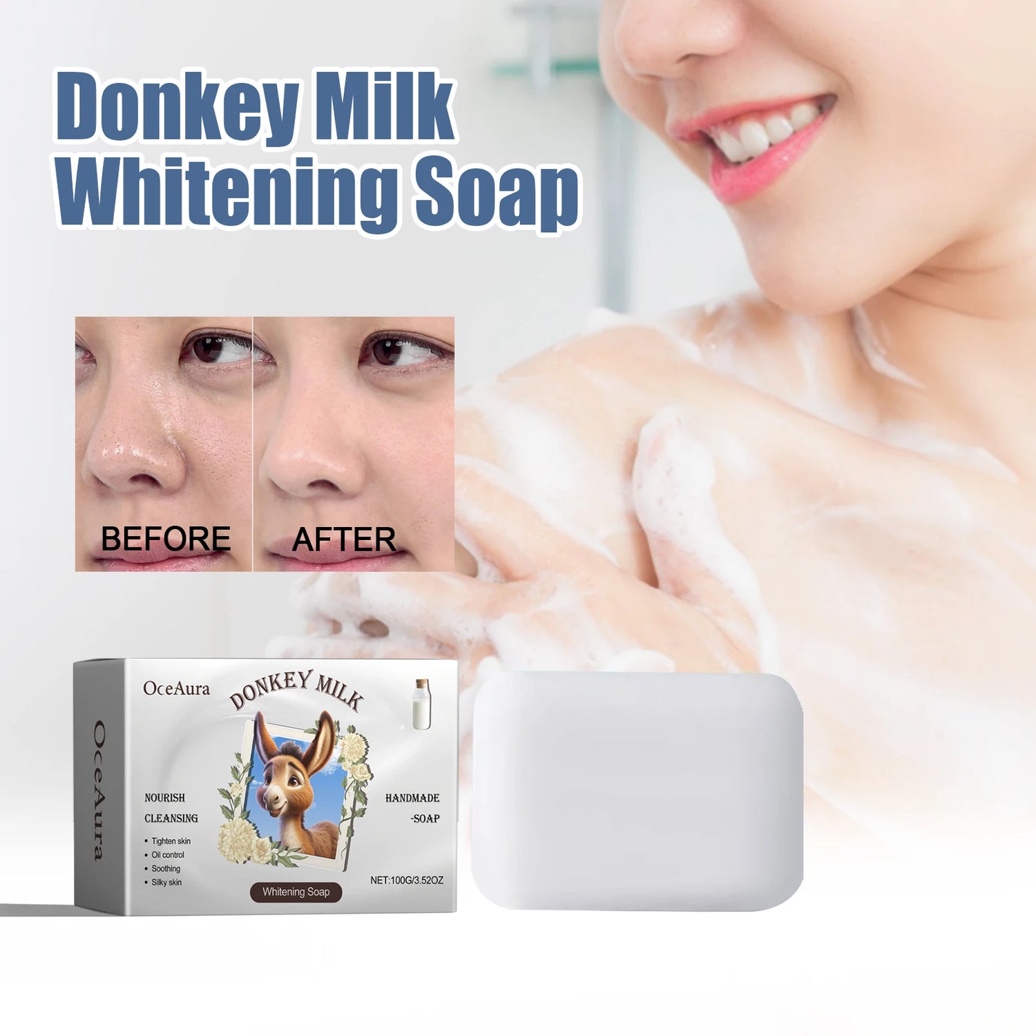 Donkey milk whitening soap with packaging and before-after effect on skin.