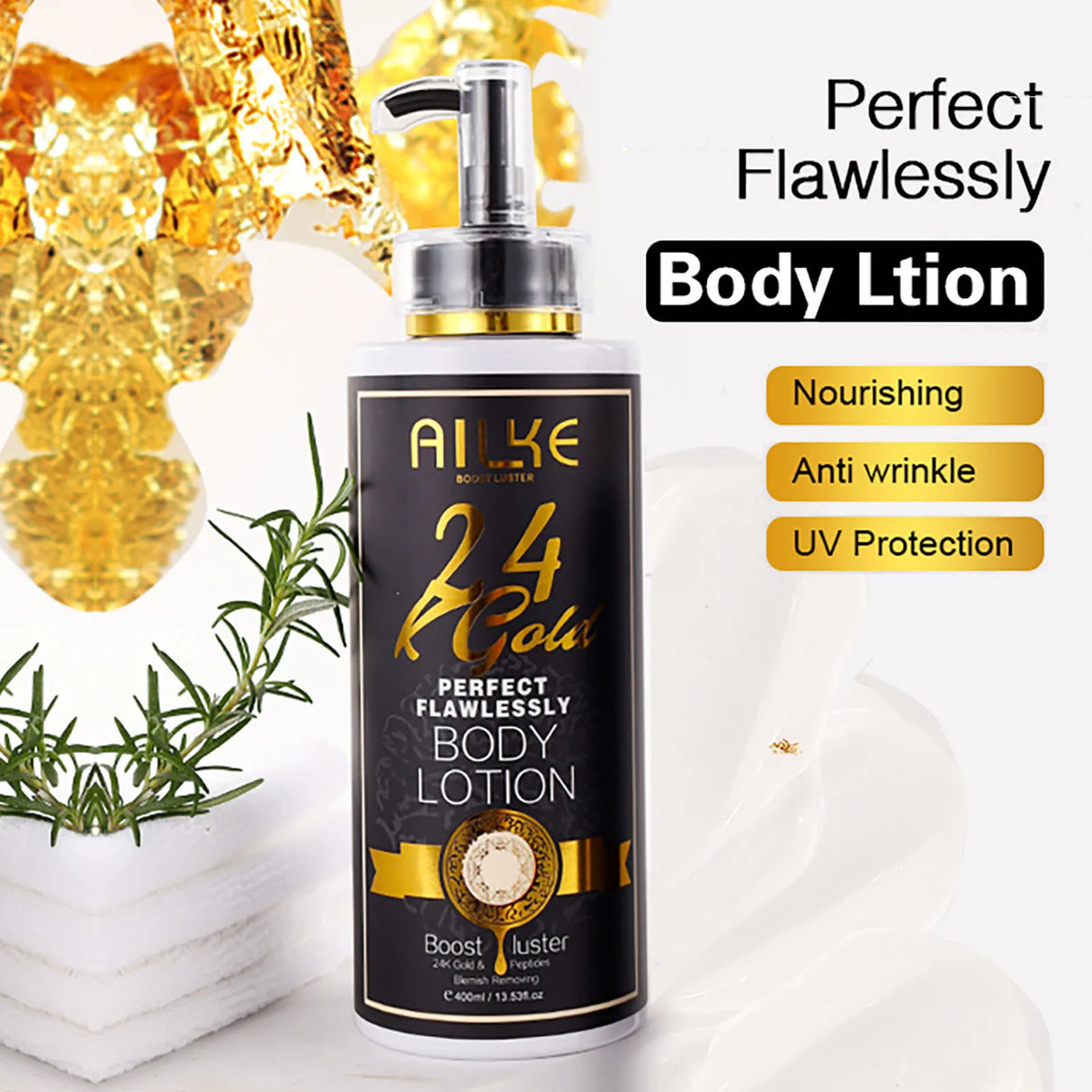 Body lotion bottle with gold accents and text on a white background