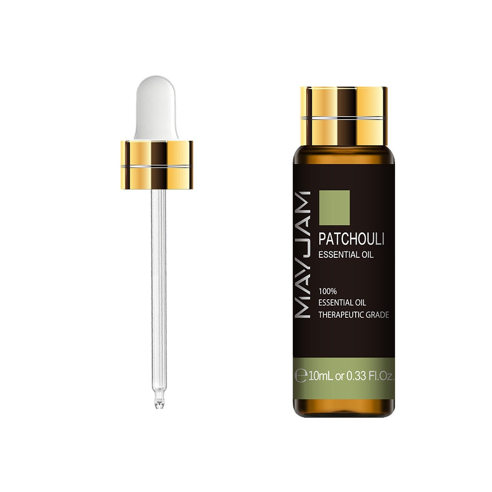 Mayjam Patchouli essential oil bottle with dropper on a white background