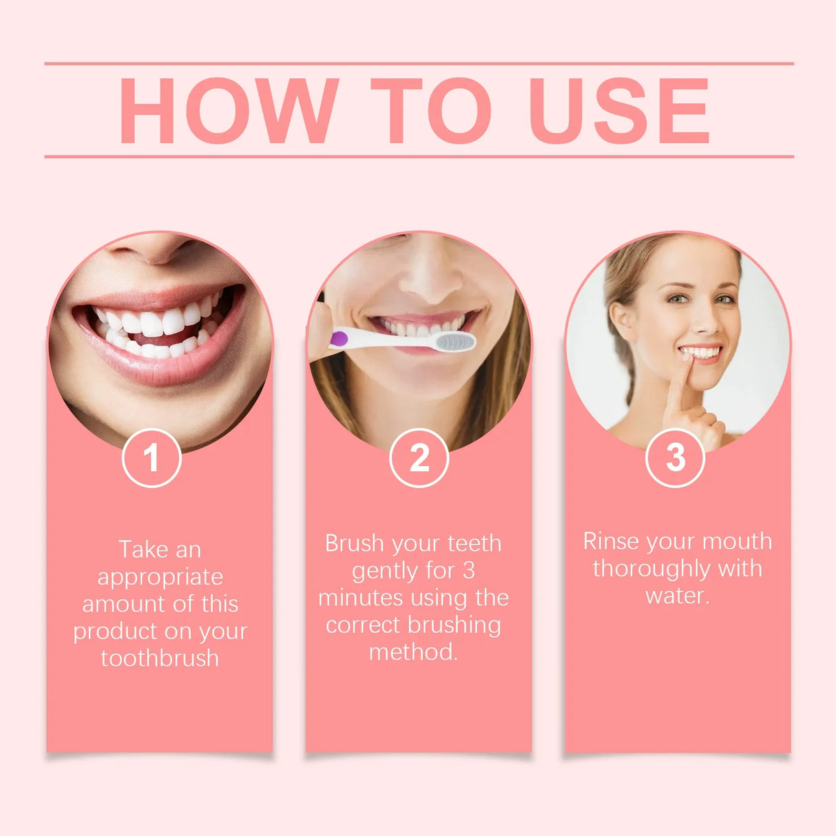 Instructions on how to use a dental product with three steps shown.