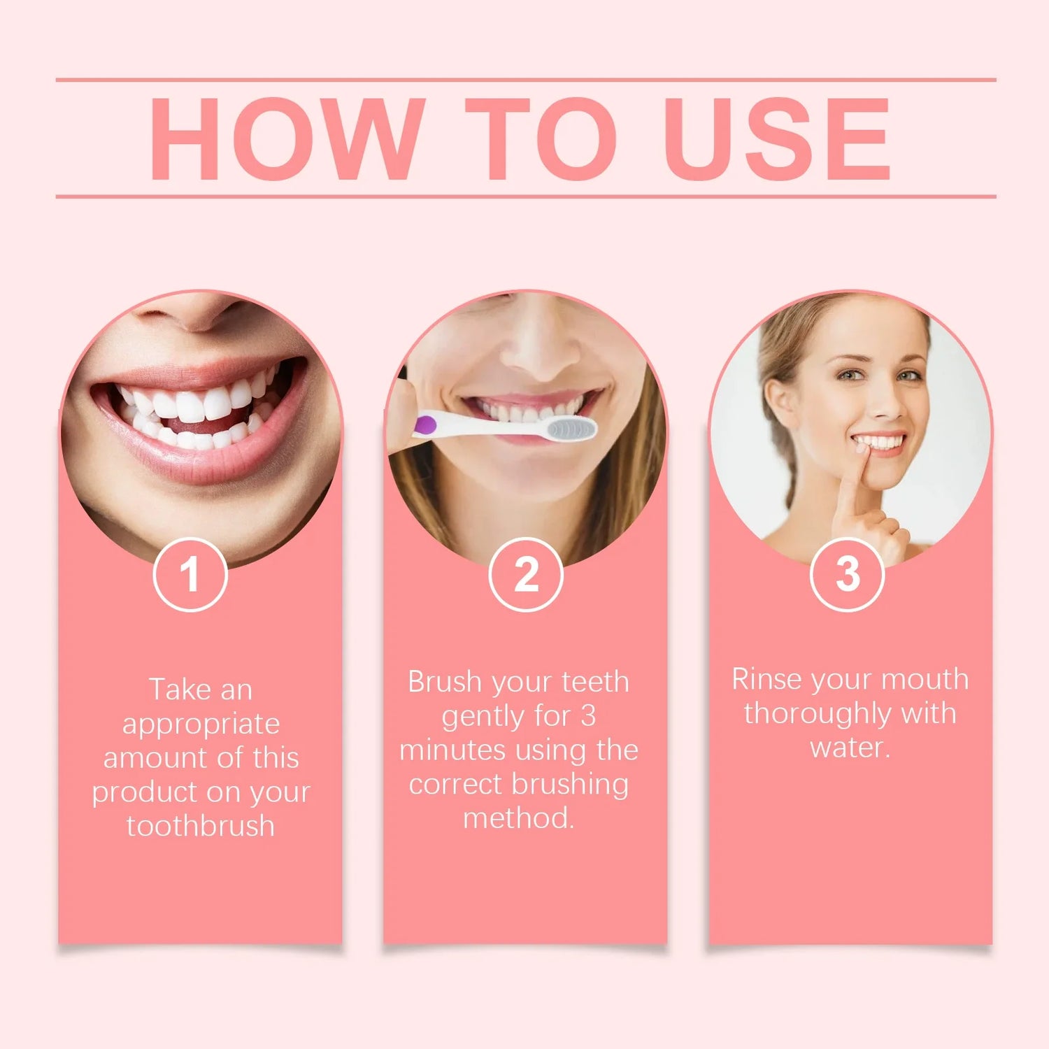 Instructions on how to use a dental product with three steps shown.