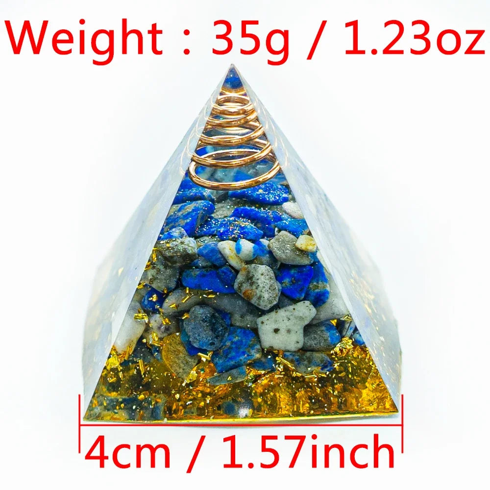 Pyramid-shaped object with stones and a spring, labeled with weight and dimensions.