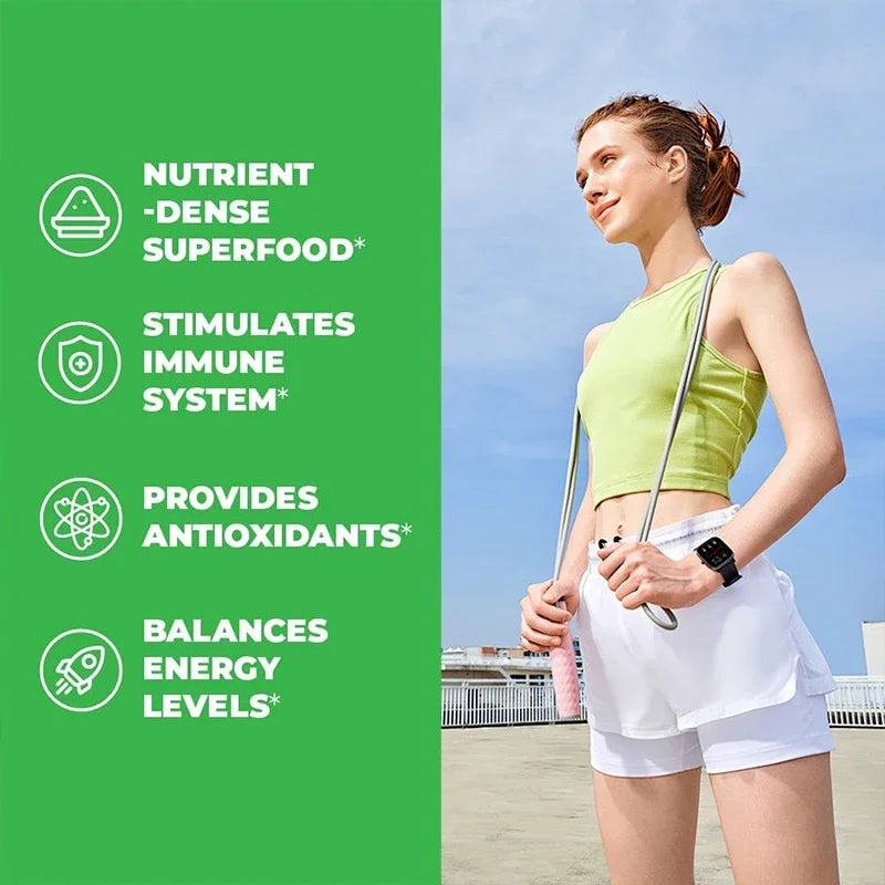 Woman exercising outdoors with health benefits text on a green sidebar