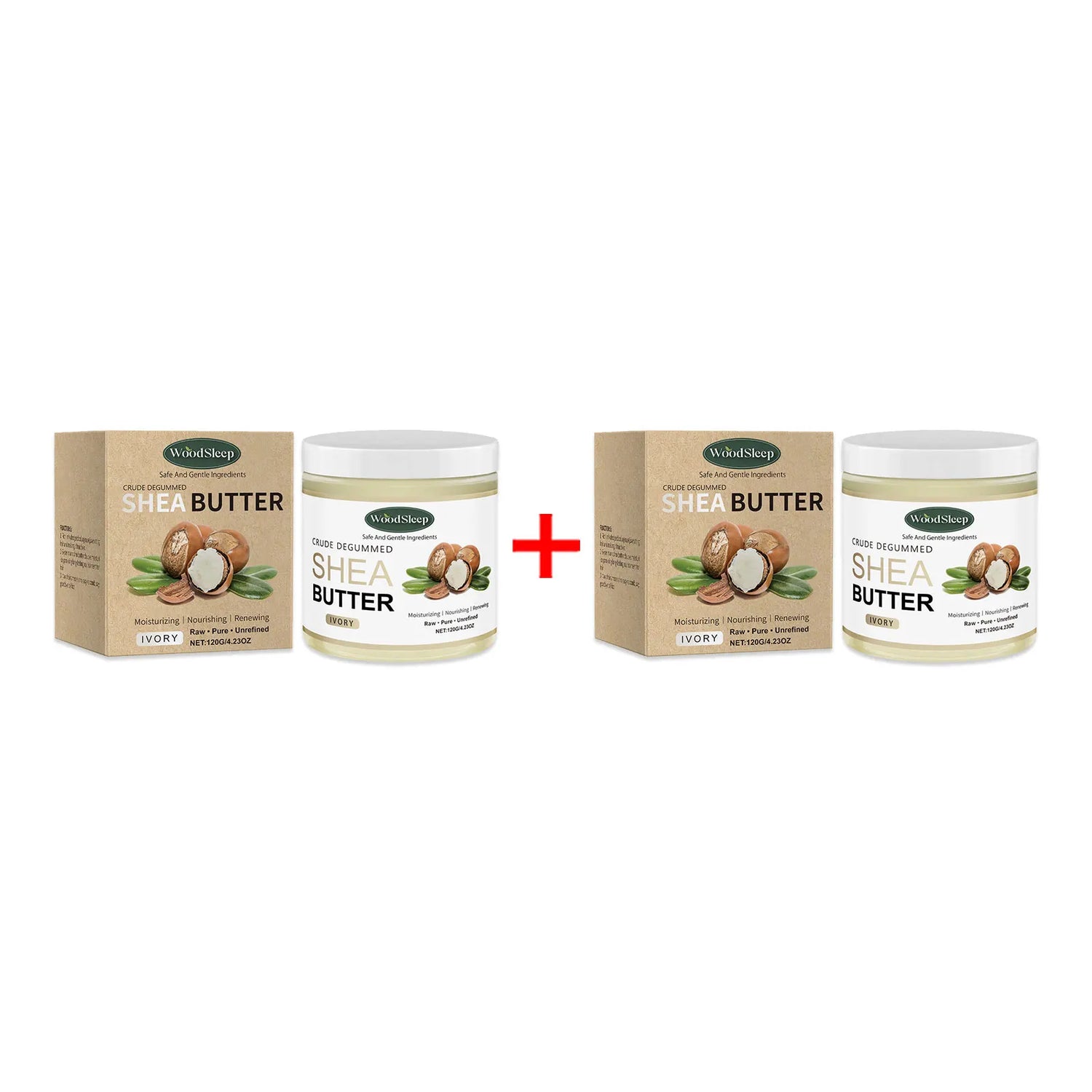 Two containers of shea butter with packaging on a white background