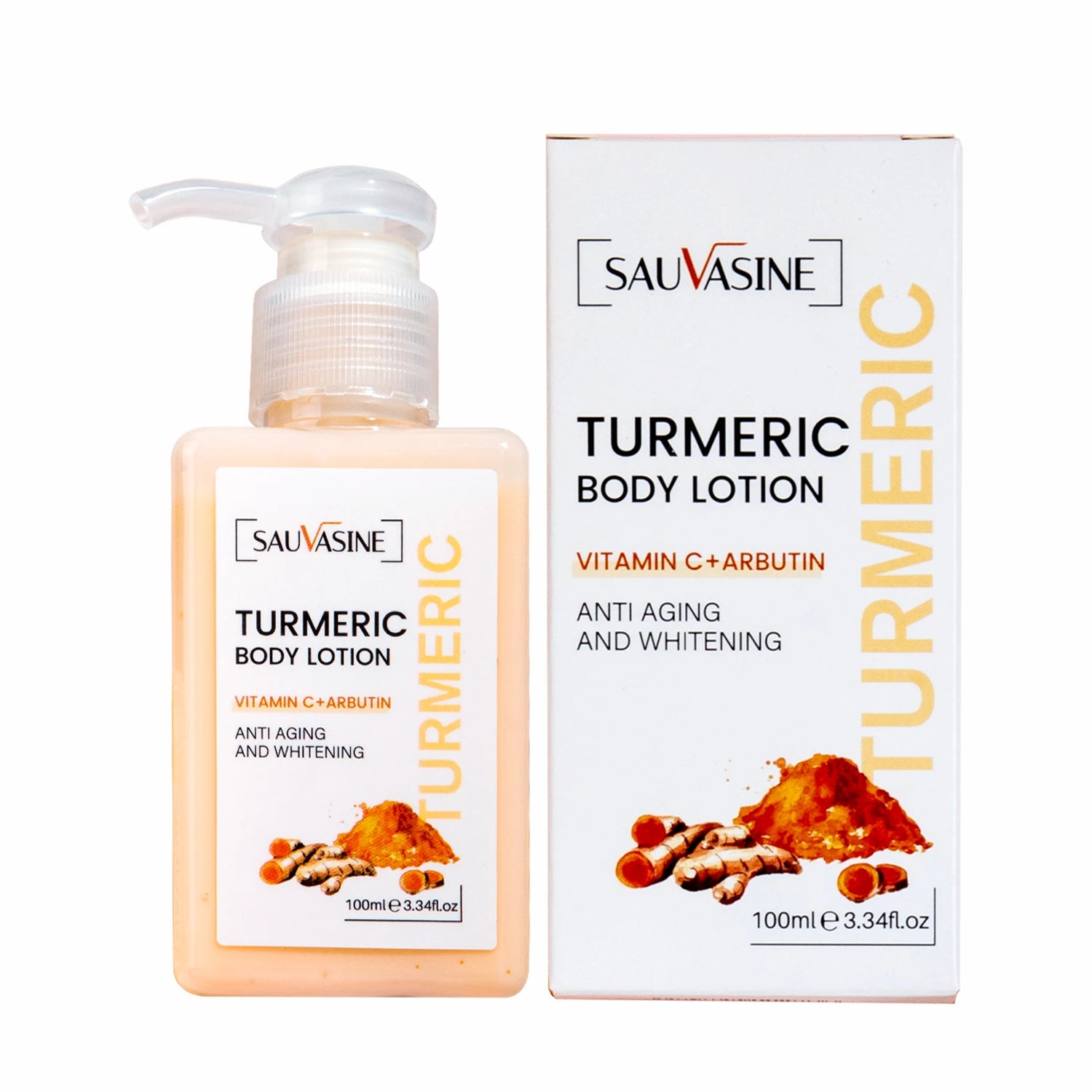 Sauvasine Turmeric body lotion with pump and packaging on a white background