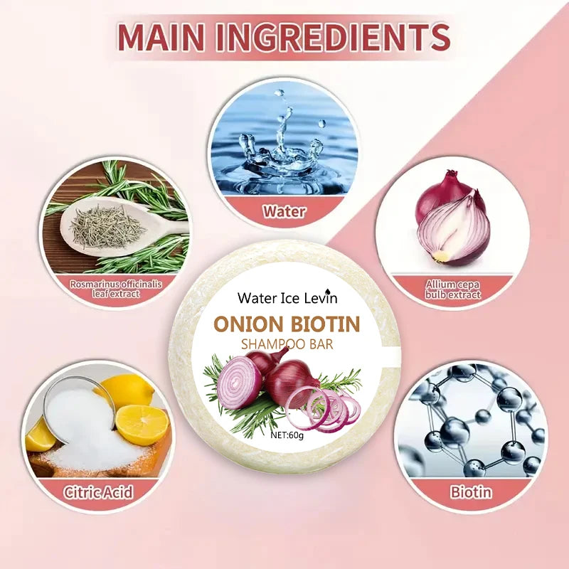Shampoo bar with onion biotin and its main ingredients on a pink background