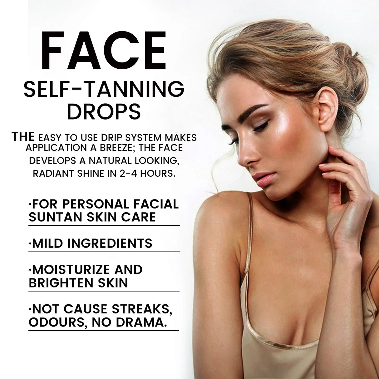 Advertisement for self-tanning drops with a woman applying product to her face.