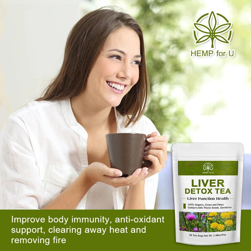 Woman holding a mug with a package of Hemp for U Liver Detox Tea on a blurred green background